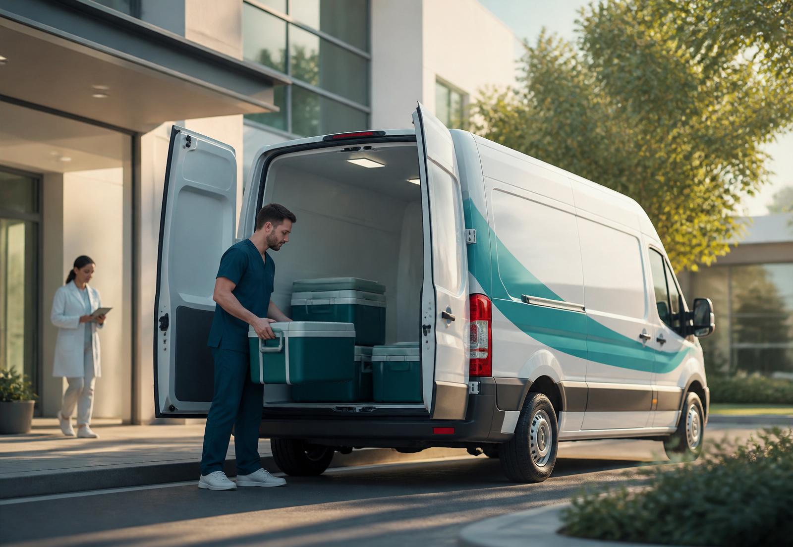 Medical transport van at a healthcare facility